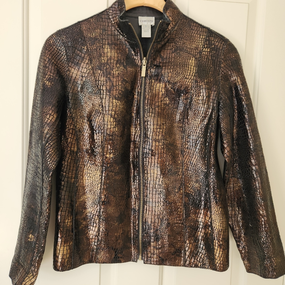 Chicos Reversible Leather Jacket Blazer Animal Pr… - image 1